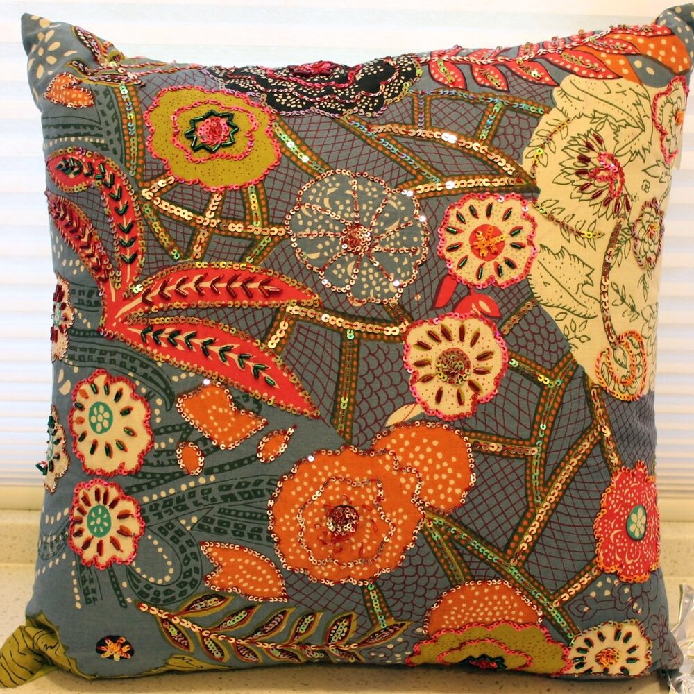 BoHo Throw Pillow Featuring Colorful Fruit & Sequins, Kantha Cotton 16" X 16"